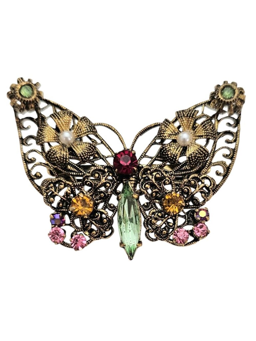 Czechoslovakia Gold Tone Filigree Green Yellow Pink Butterfly Brooch Signed, J6